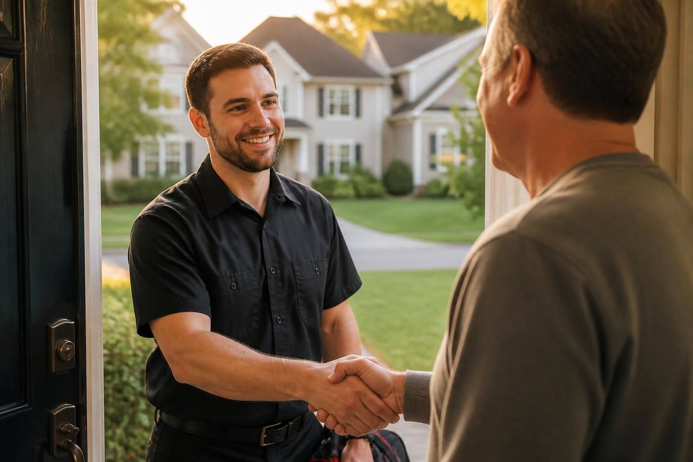365 Restoration technician greeting a homeowner at their front door