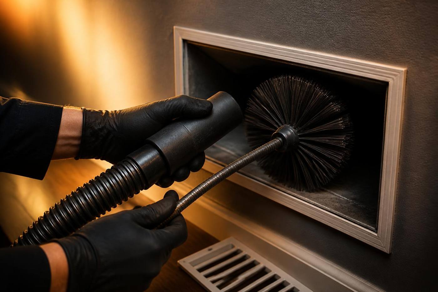 Technician cleaning a home air duct with a rotary brush and HEPA vacuum hose