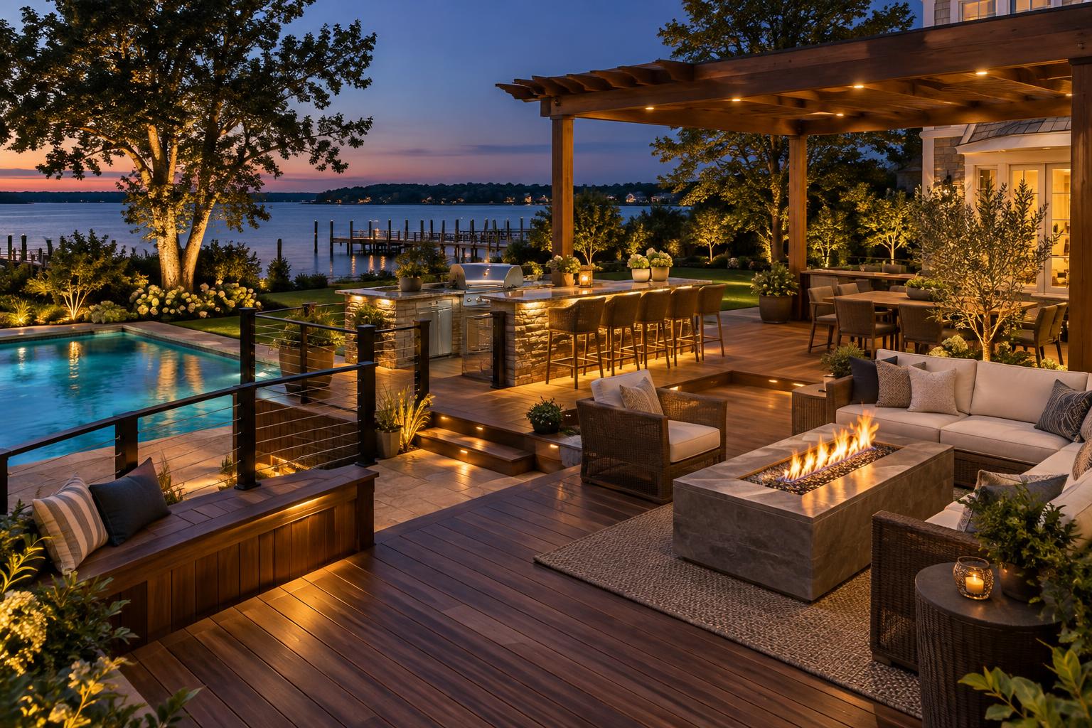 Waterfront multi-level deck with fire table