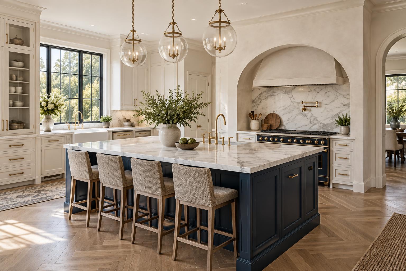 Navy and brass kitchen with a large island