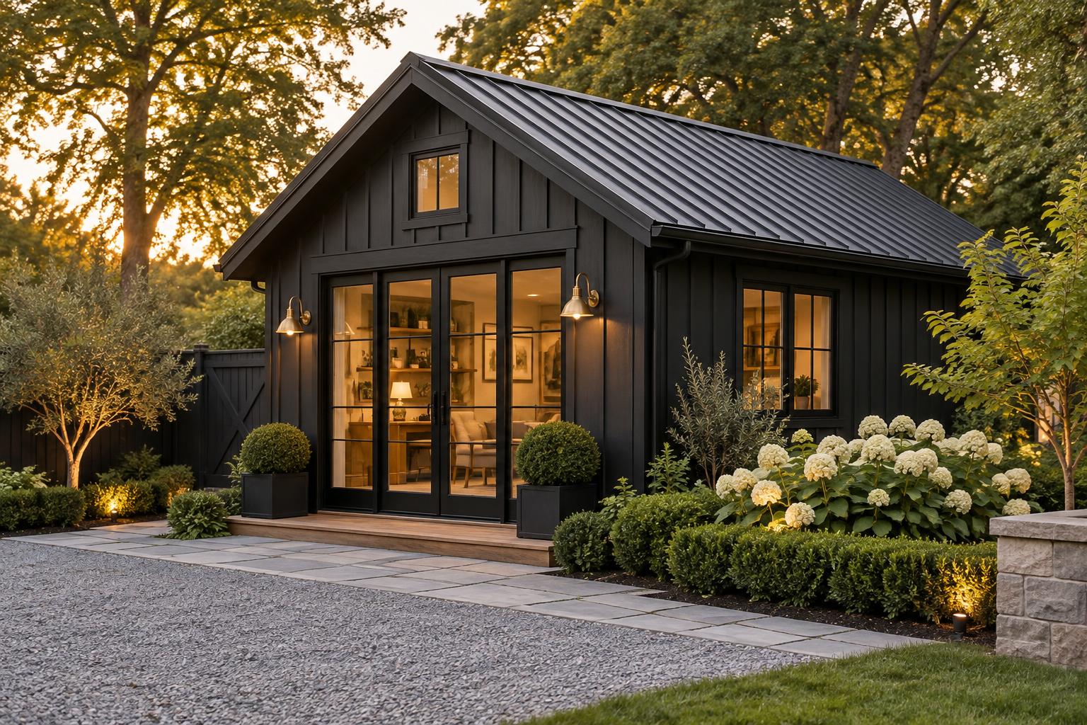 Black board-and-batten shed studio
