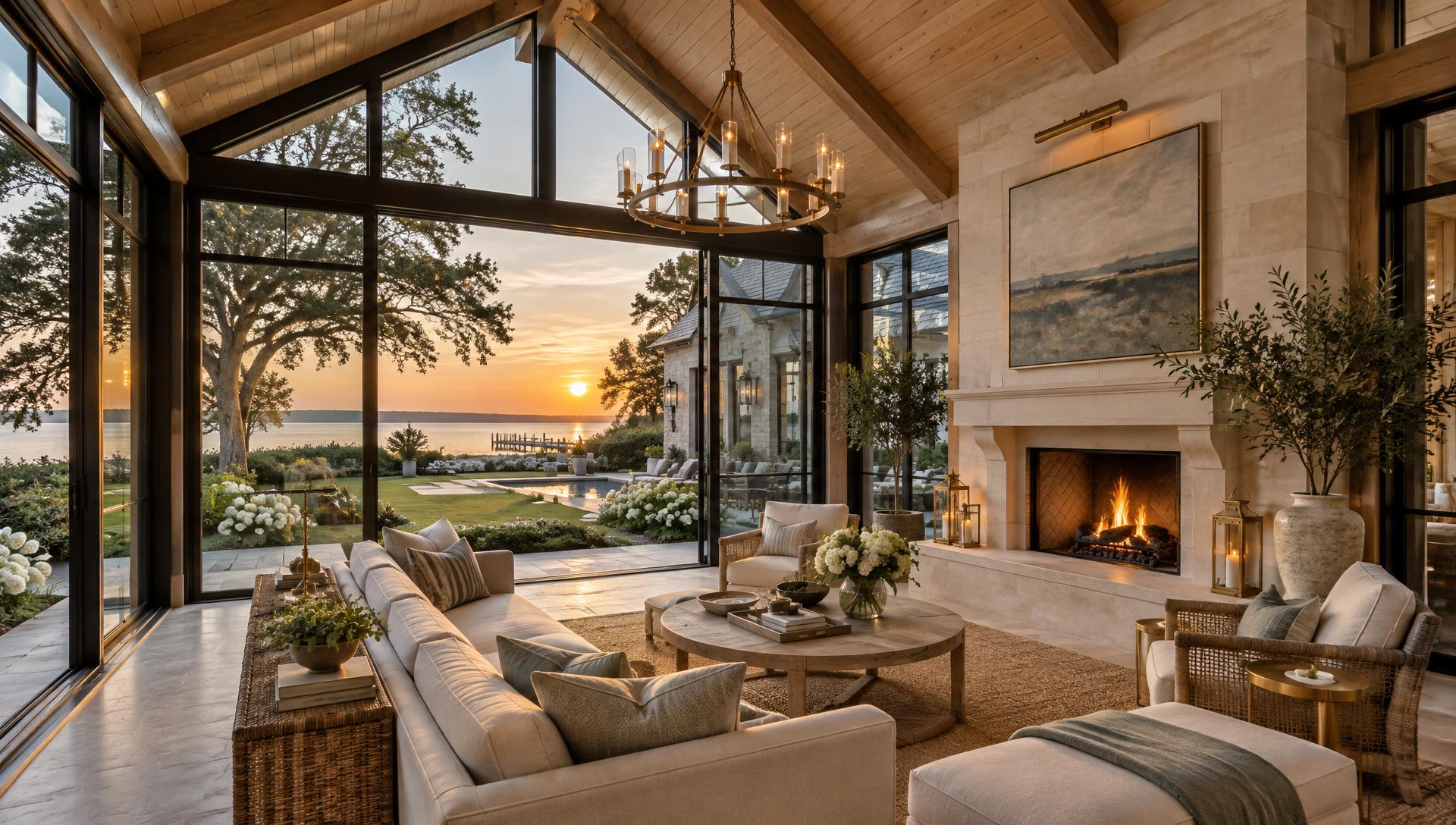 Glass great-room addition at golden hour