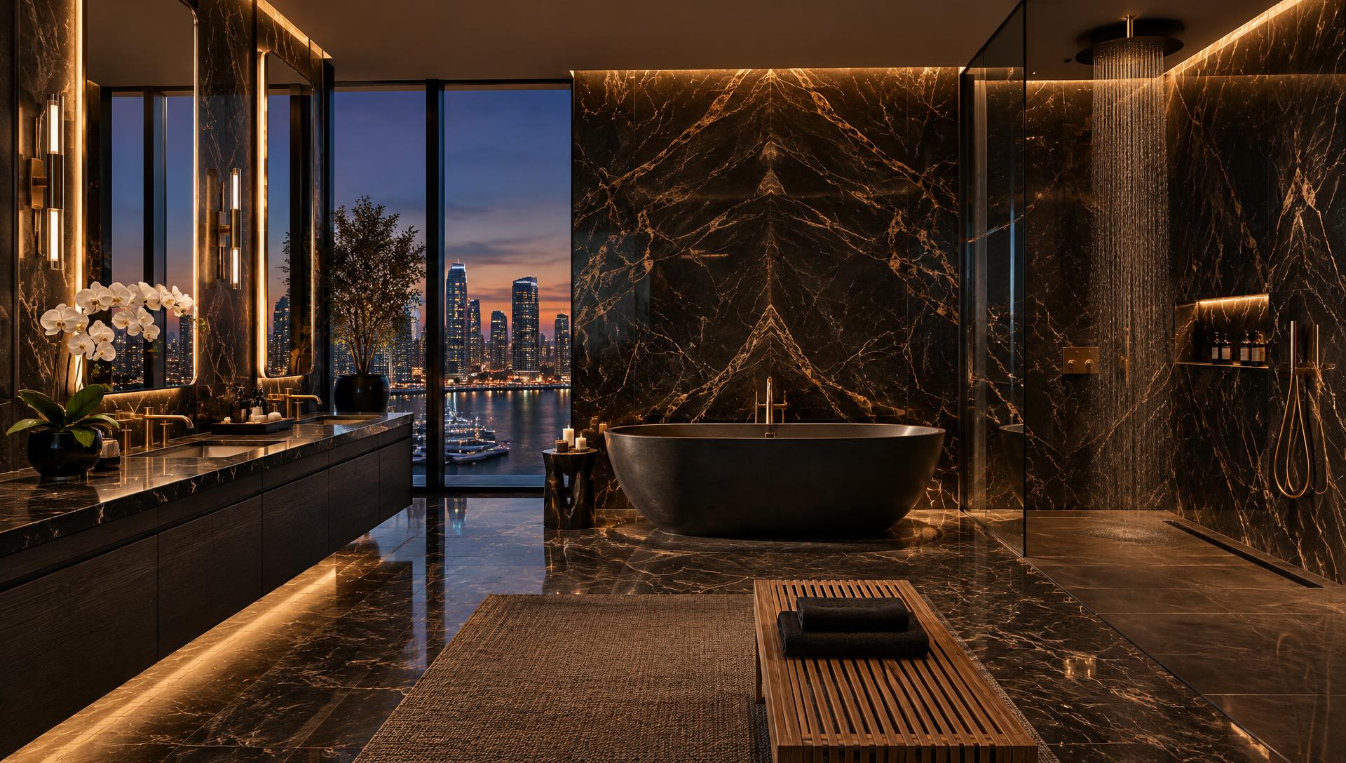 Spa bathroom with freestanding tub and water view