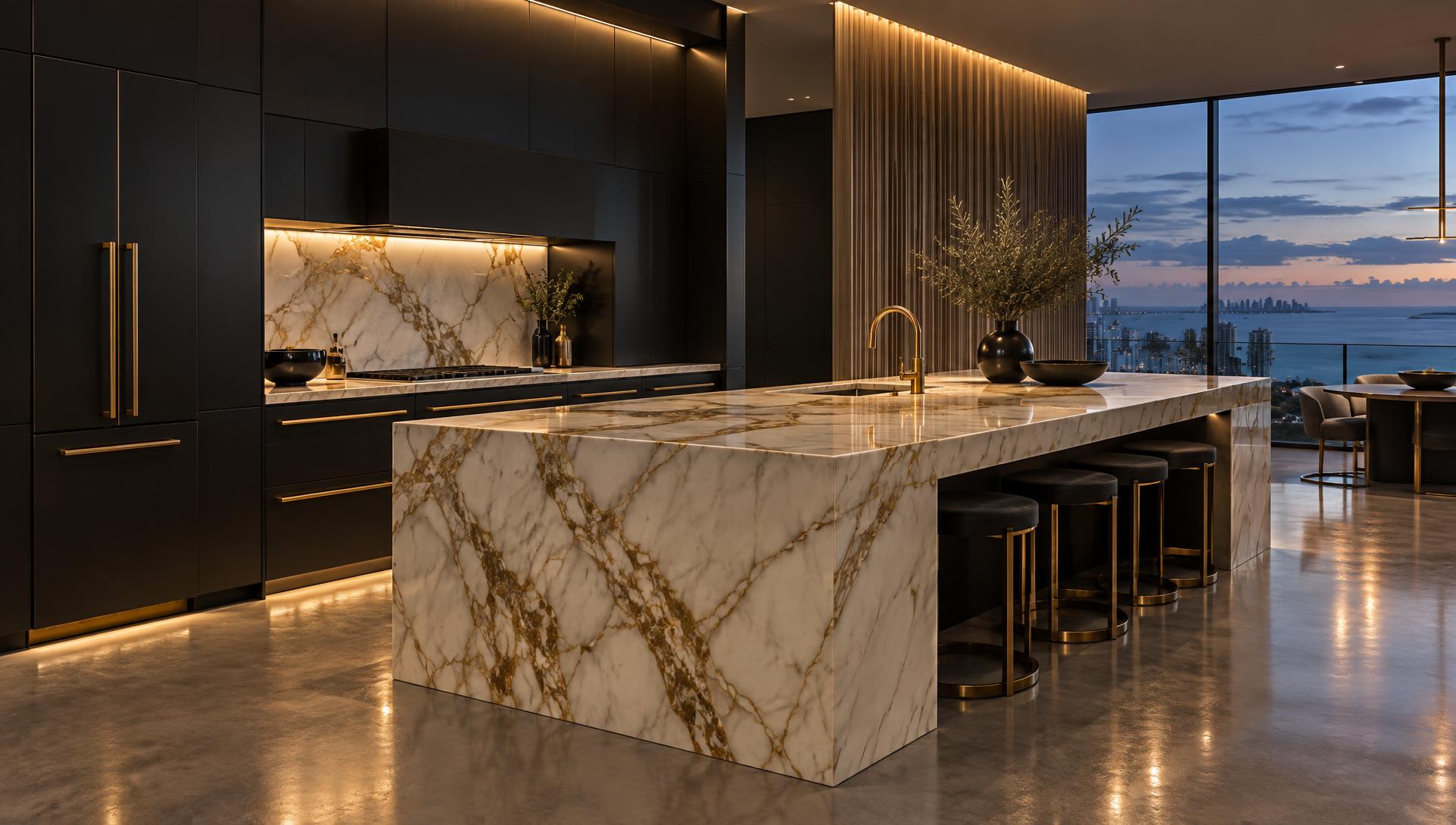 Dark marble and brass kitchen with a waterfall island