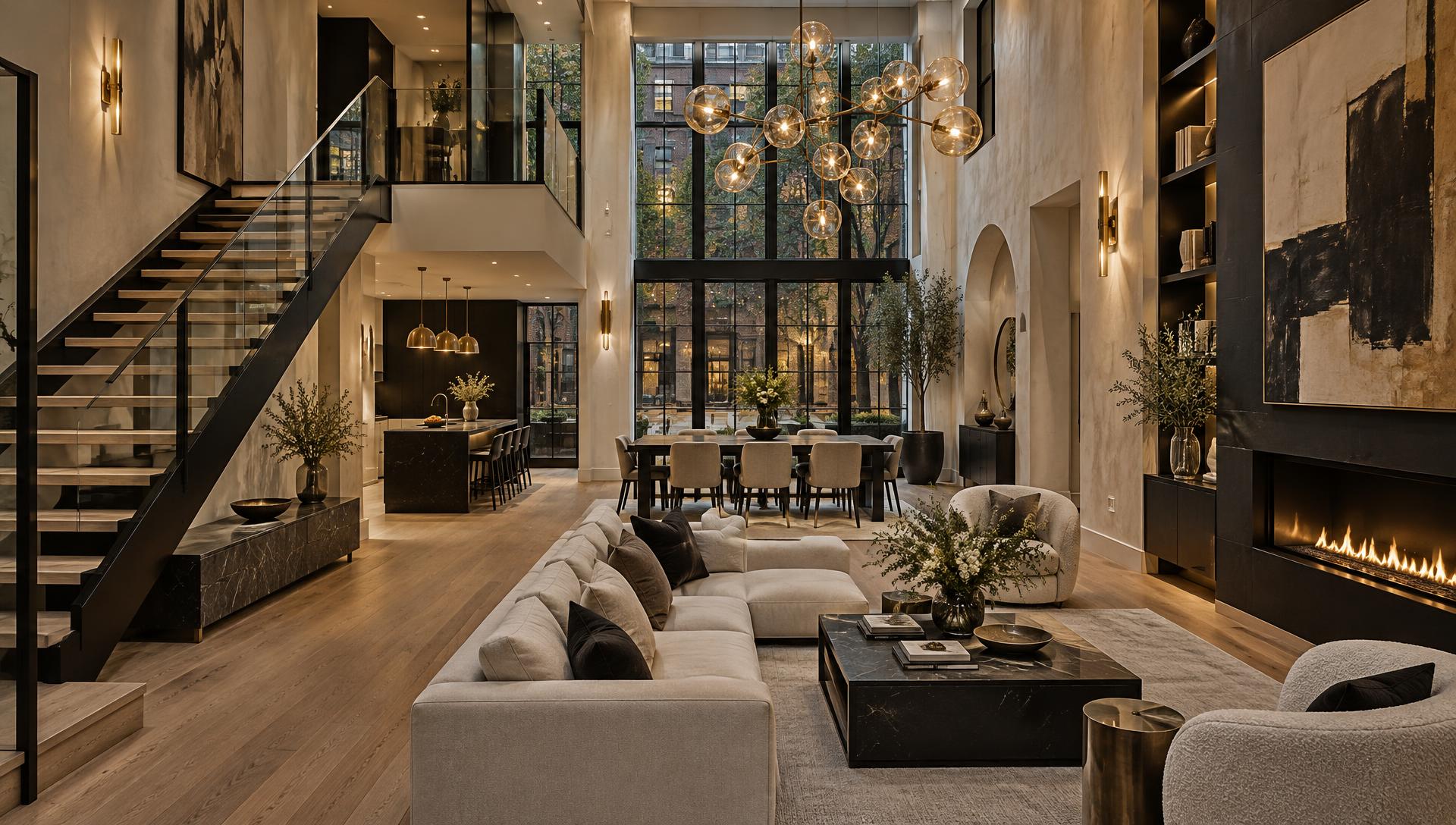 Rebuilt townhouse interior in black and brass