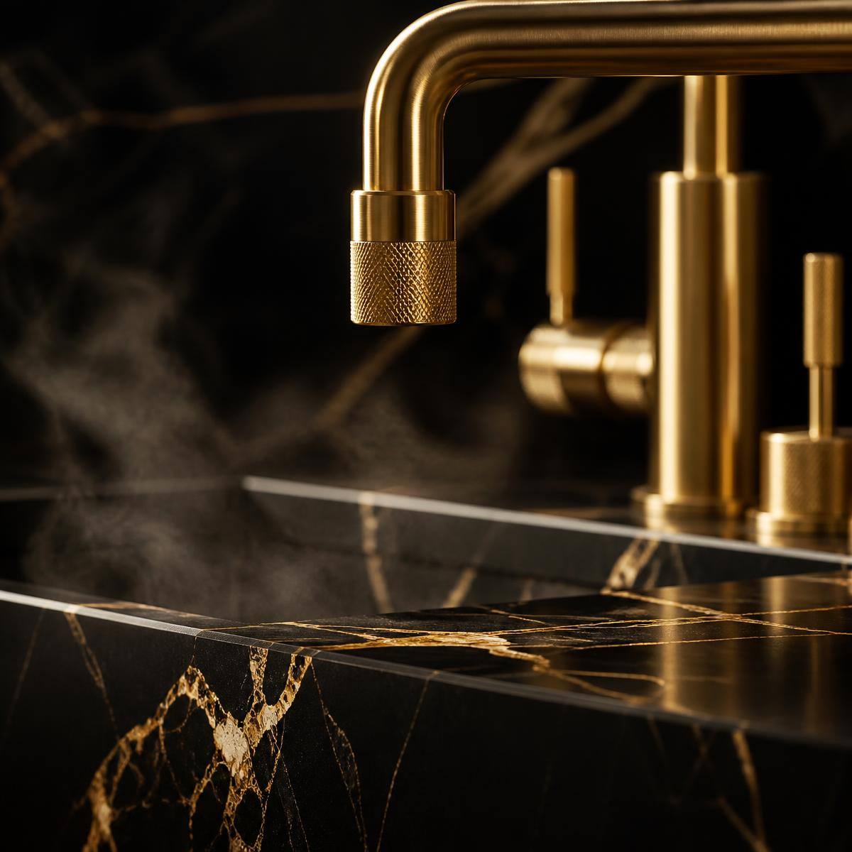 Brushed gold faucet on black marble countertop
