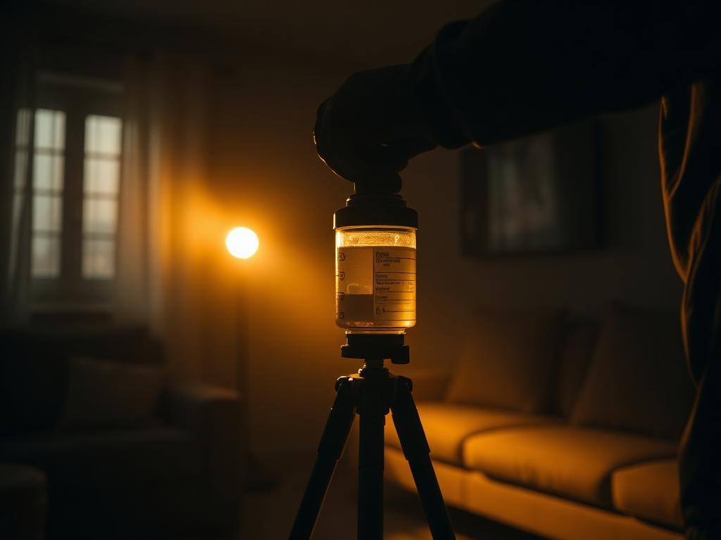 Technician setting an air sampling pump with a spore trap cassette in a home
