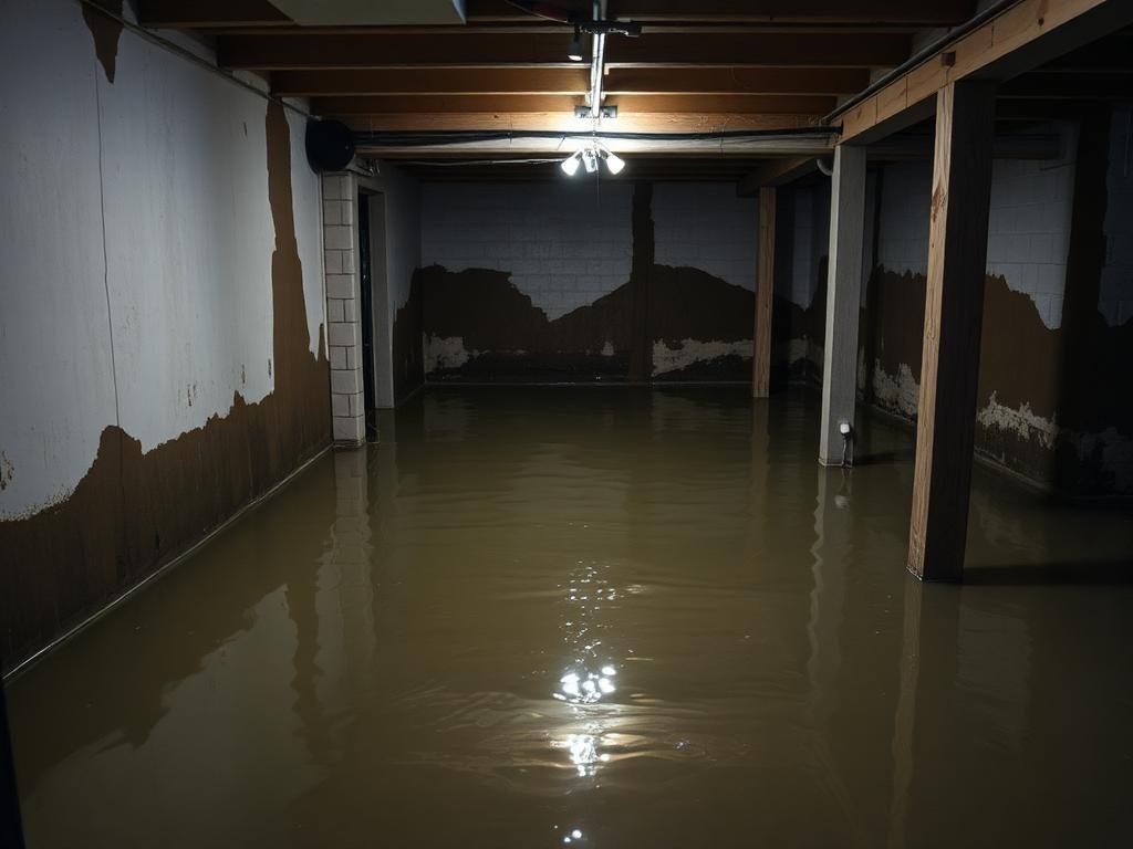 Water-damaged room with saturated flooring before mitigation